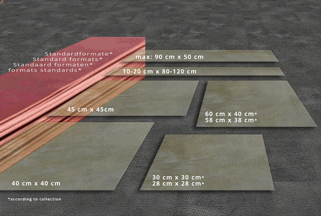 Architectural catalog overview displaying standard formats for genuine leather tiles, including square, rectangular plank, and herringbone patterns.