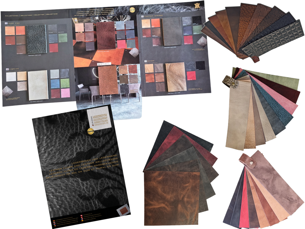 High-end presentation materials for a bespoke leather flooring manufacturer, featuring sample folders, brochures, and leather swatch binders neatly arranged on an architect's desk.