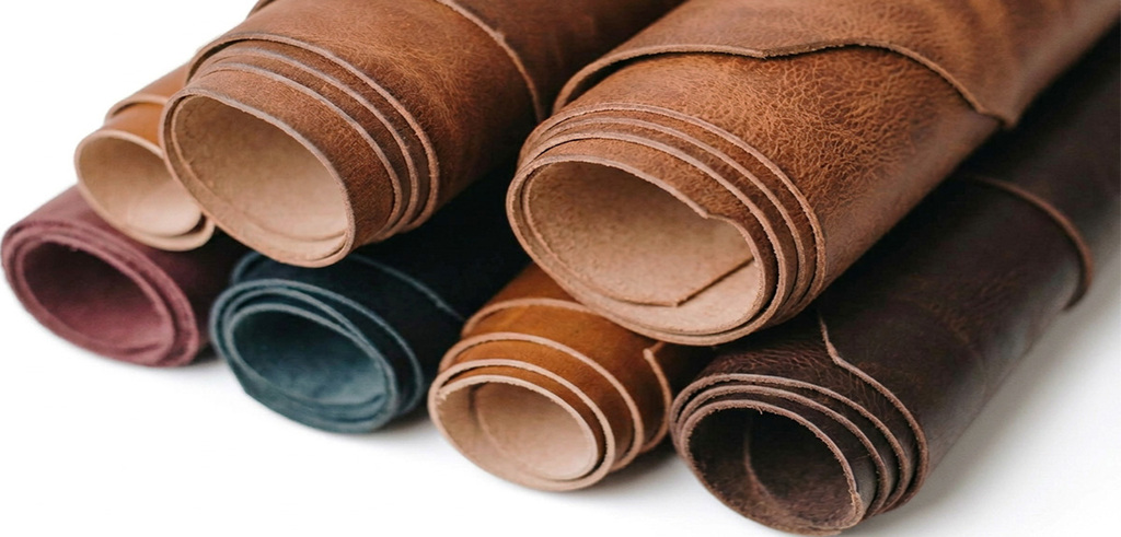 Rolled leather hides in a range of colors.