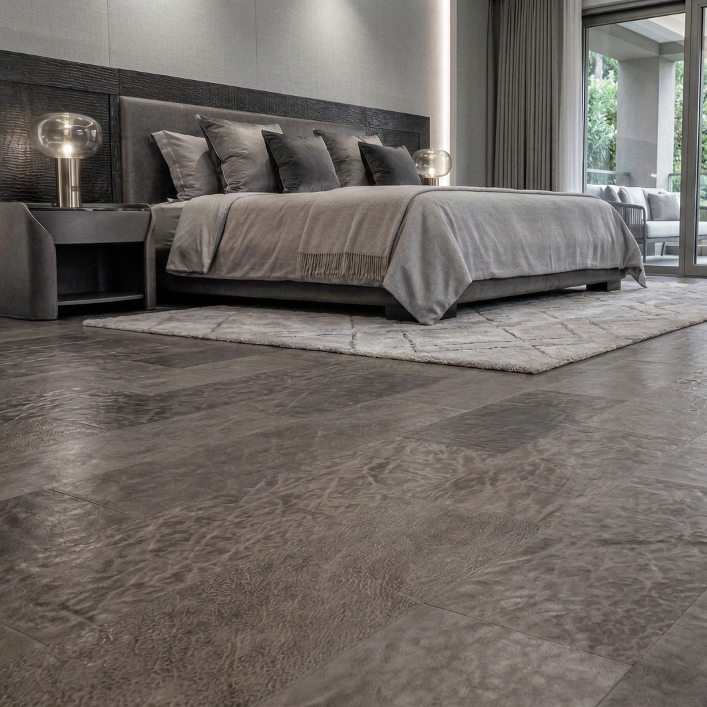 Bedroom with textured gray leather flooring.