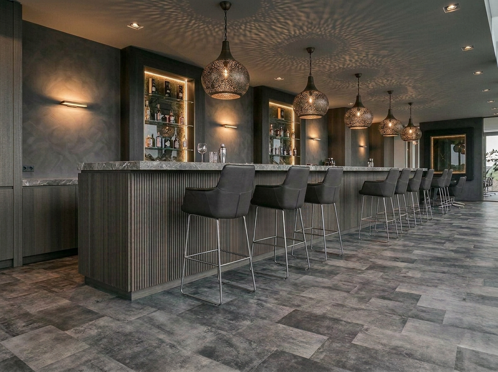 Hotel bar with leather flooring in slate gray, PREMIUM SHADED collection.