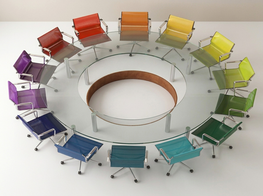 Schematic diagram with multiple chairs in different colors.