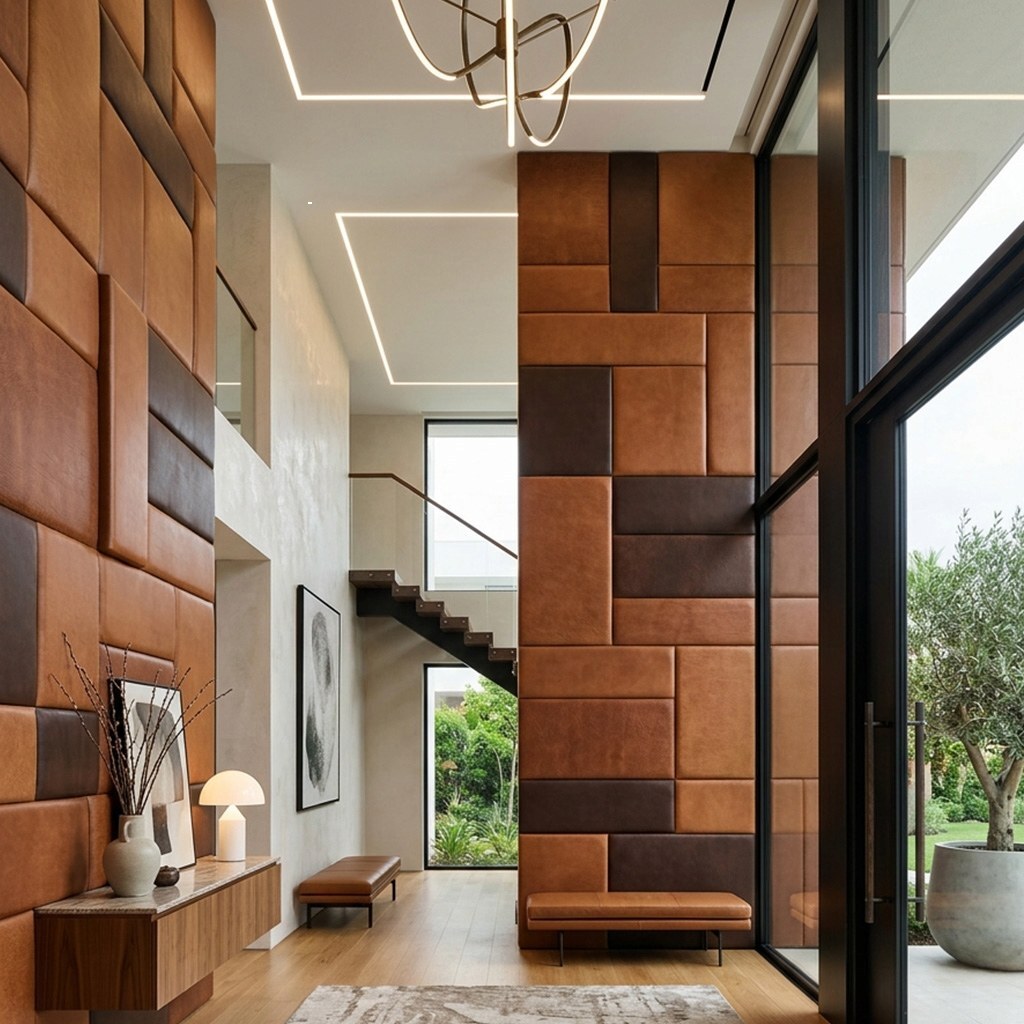 Leather wall panels in the entrance hall of a private villa in Germany