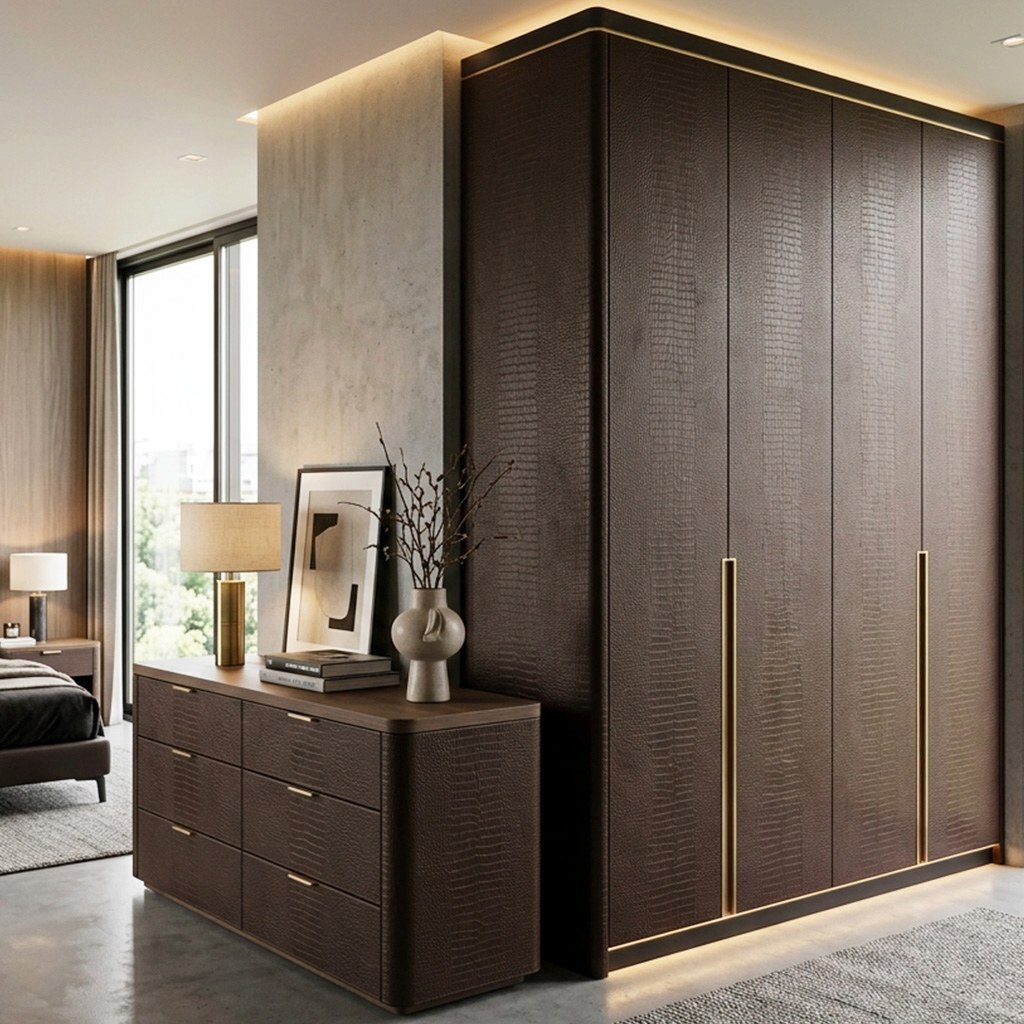Large wardrobe and dresser clad in brown caiman-embossed leather.