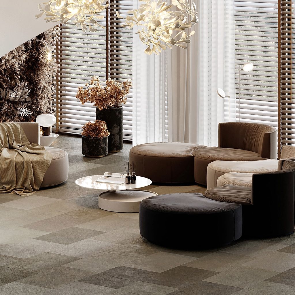 Living room with suede leather flooring in beige.