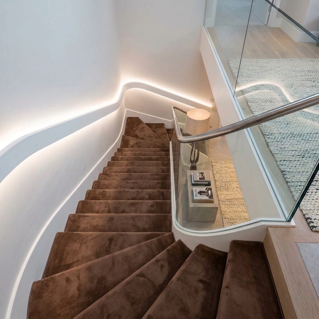 Stair treads clad in brown suede leather.