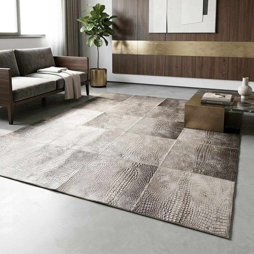 Leather rug in gray caiman-embossed leather.