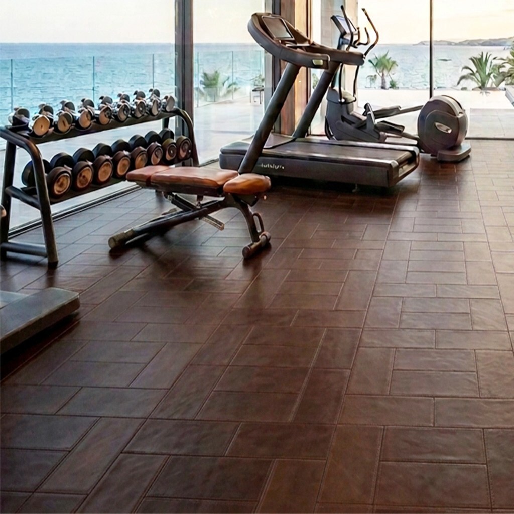 Leather flooring in a home gym overlooking the sea.