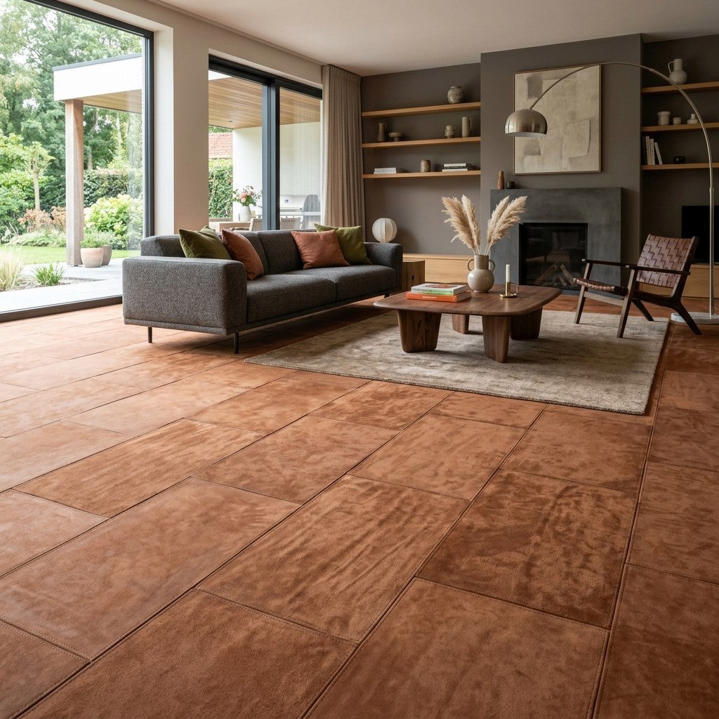 Cognac-brown suede leather flooring in a living room with a fireplace.