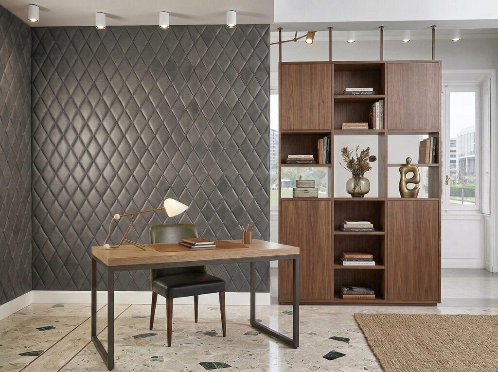 Small home office with gray diamond-shaped leather wall panels.