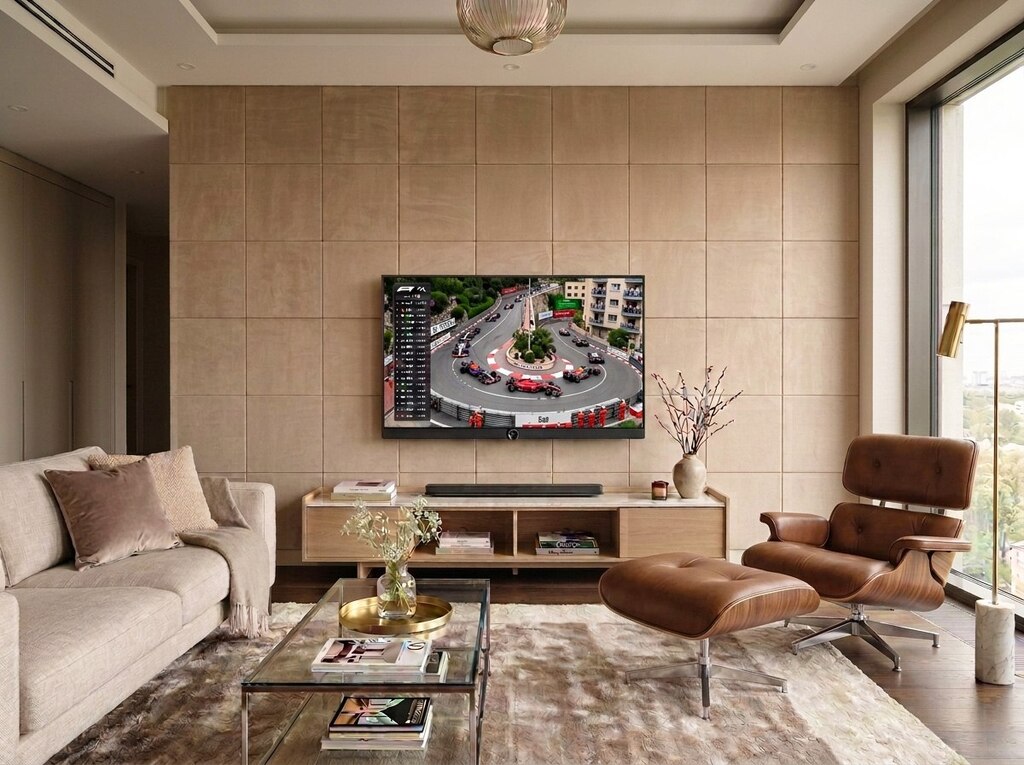 Living room with light beige suede leather wall panels.