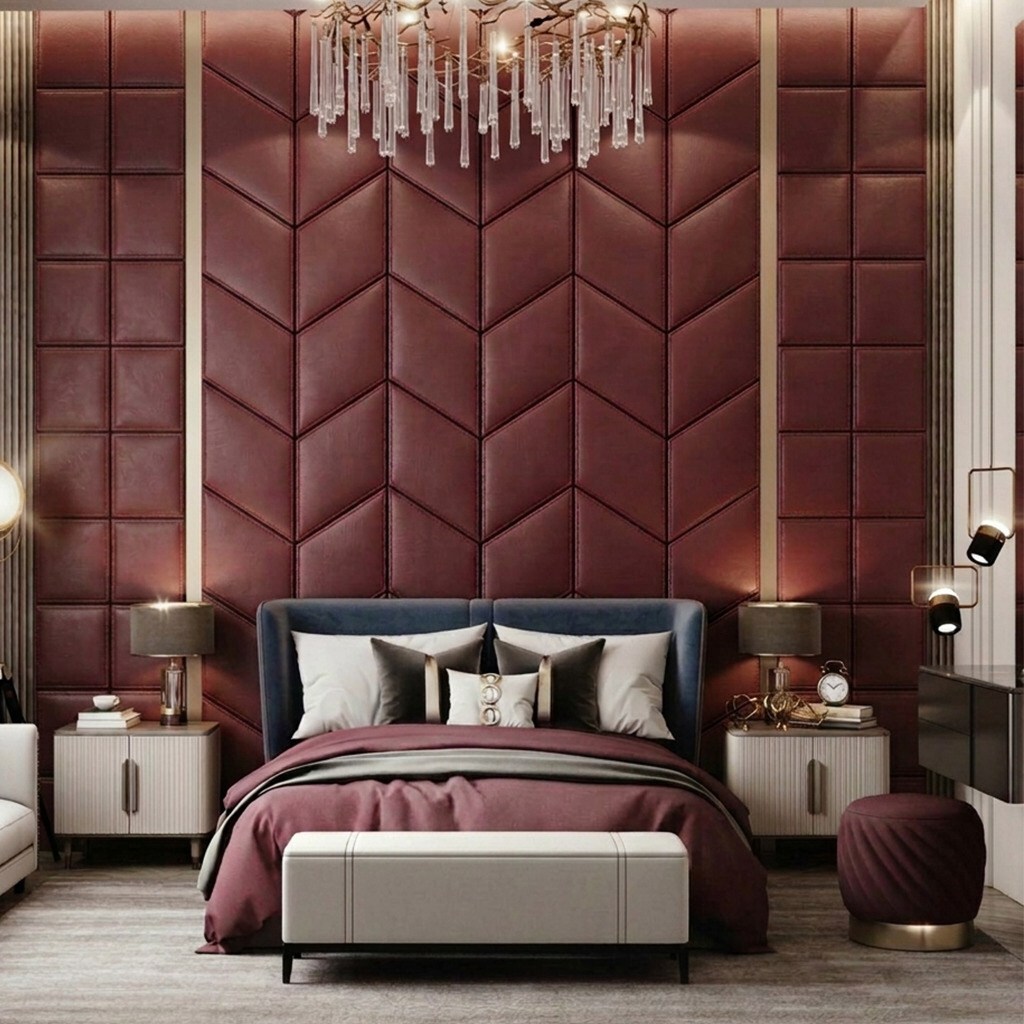 Bedroom with handmade burgundy leather panels on the wall behind the bed.