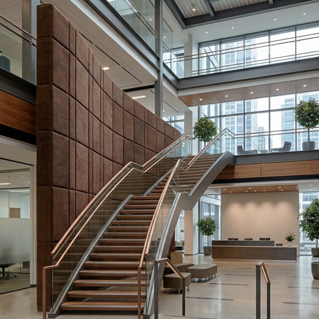 Acoustic wall in dark brown suede leather in an office building lobby.