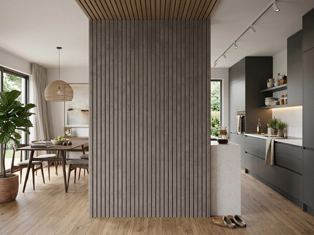 Wall panels in gray suede leather, in a kitchen.