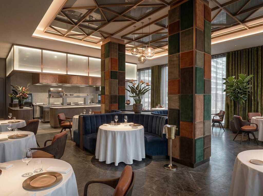 Restaurant with acoustic leather panels on the columns in the center of the room.
