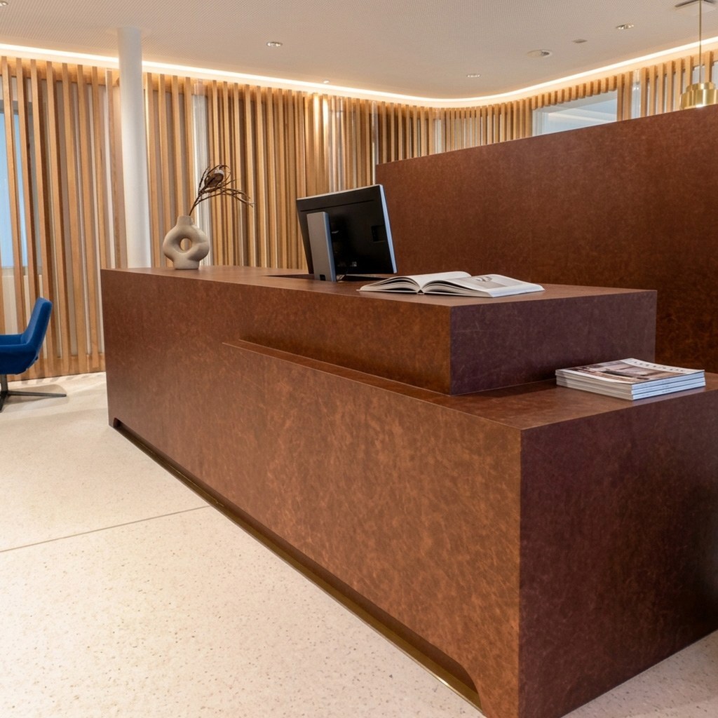 Exclusive brown leather bank counter in Switzerland.