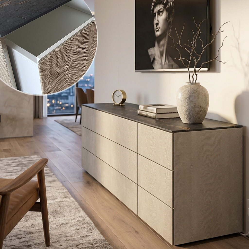 Living room with a sideboard upholstered in white snakeskin-embossed leather, including a close-up view of the leather texture.
