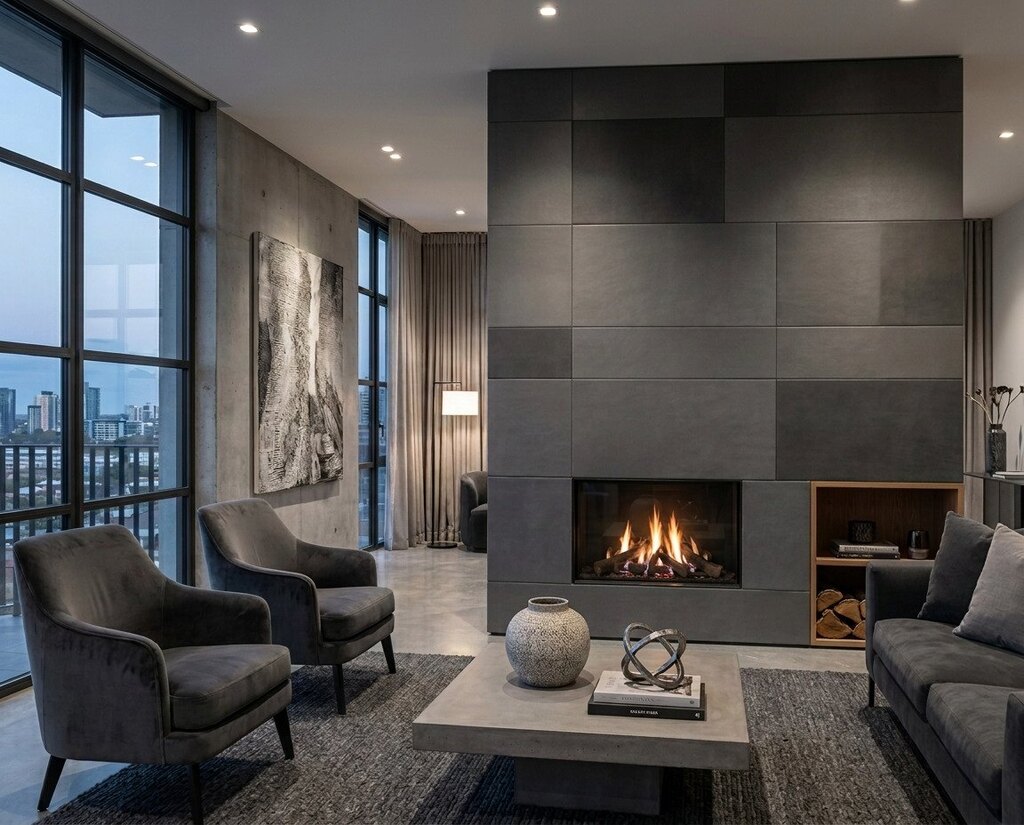 Modern living room featuring a fireplace clad in gray leather panels.
