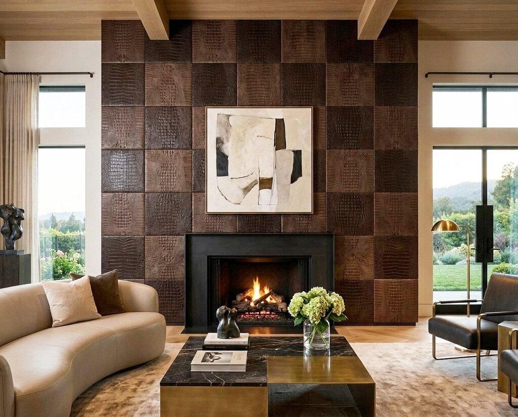 Exclusive luxury living room with a fireplace paneled in caiman-embossed leather.