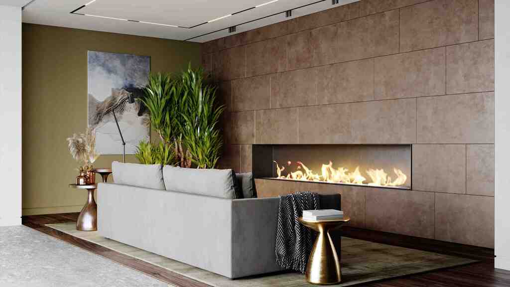 Fireplace cladding made of leather panels in textured smooth leather.