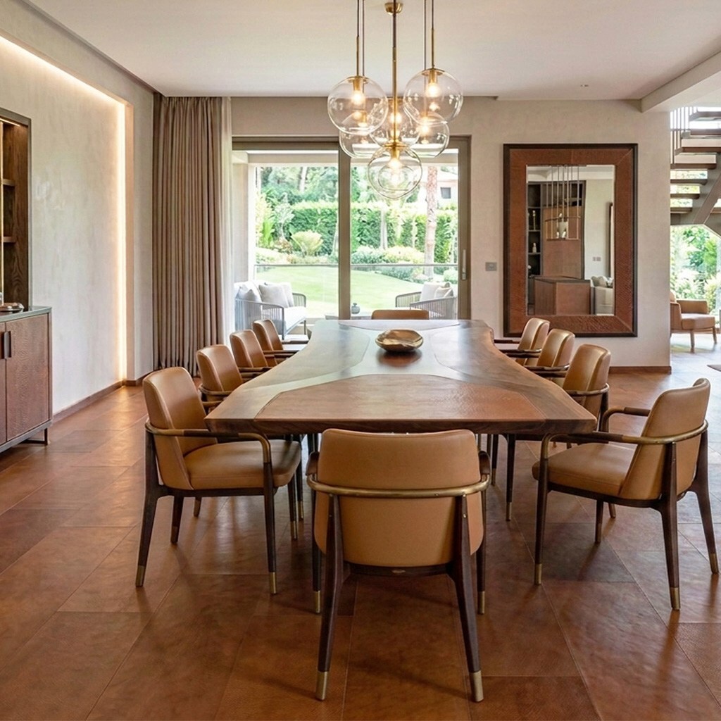 Classically furnished dining room with brown leather flooring.