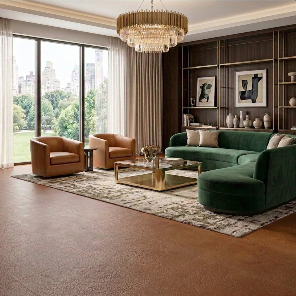 Living room with brown leather flooring.