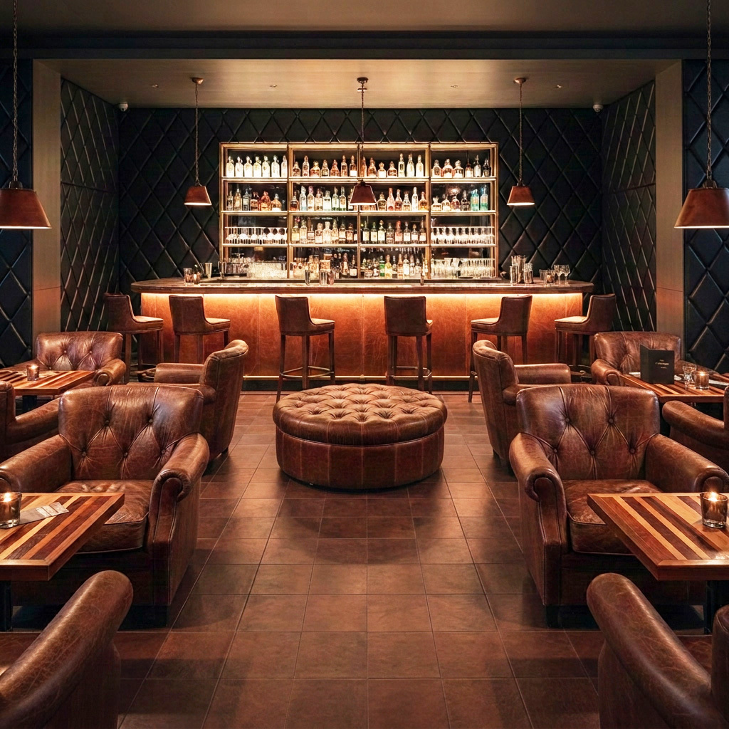 Hotel bar with brown leather flooring and brown Chesterfield armchairs.