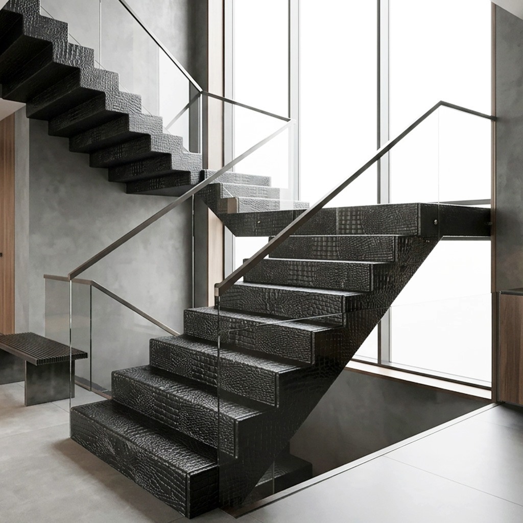 Stair treads in black caiman-embossed leather.