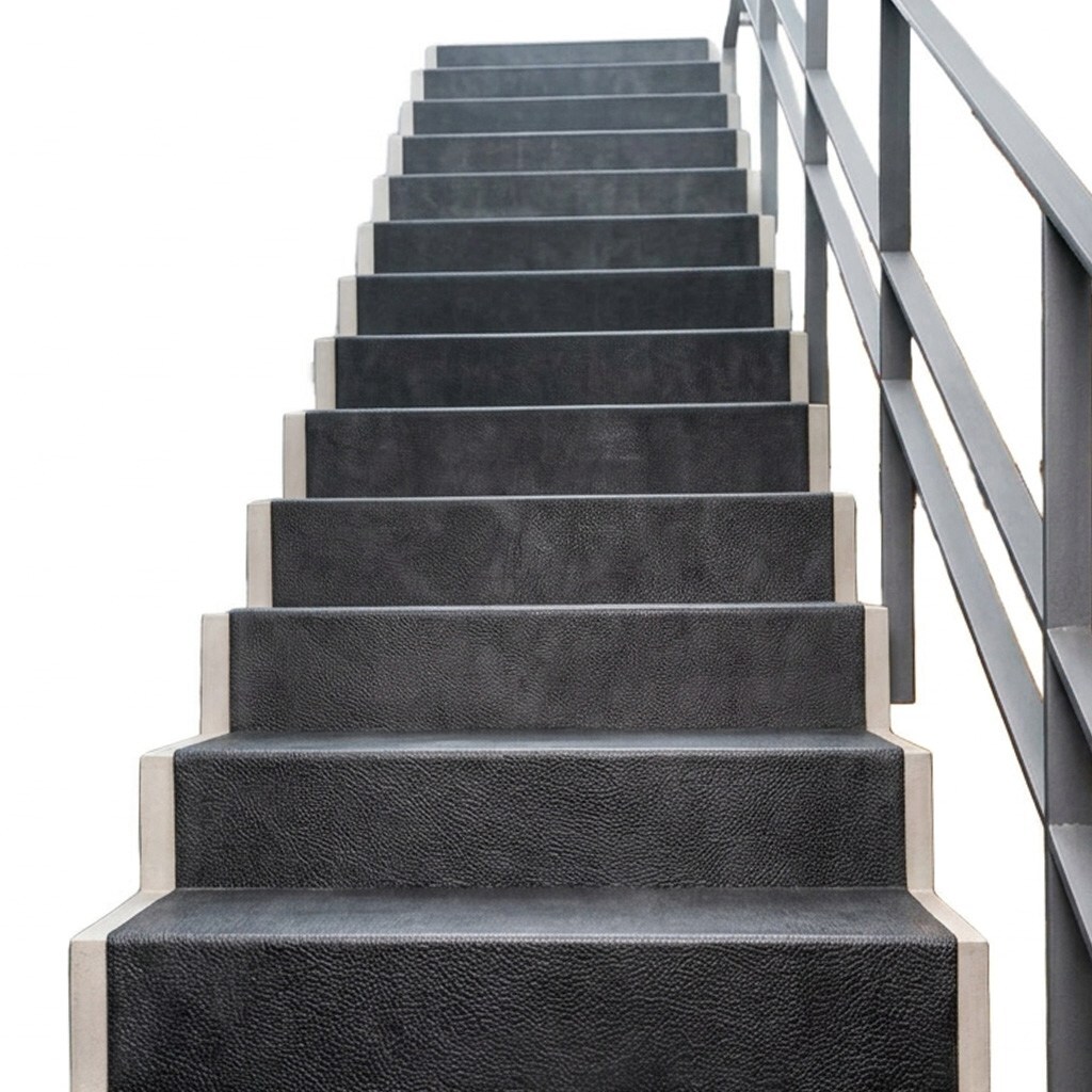 Open-sided staircase with treads clad in CONTINENTAL leather.