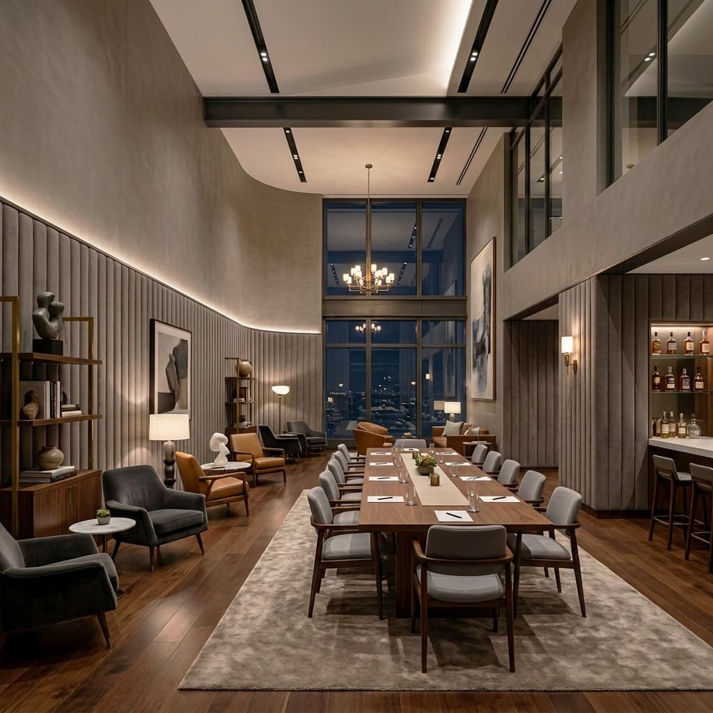 Acoustic soundproofing slats on the walls of an upscale restaurant.
