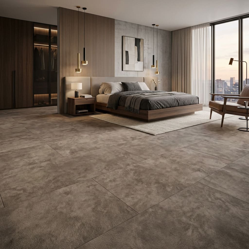 Designer villa bedroom featuring brown-gray suede flooring.