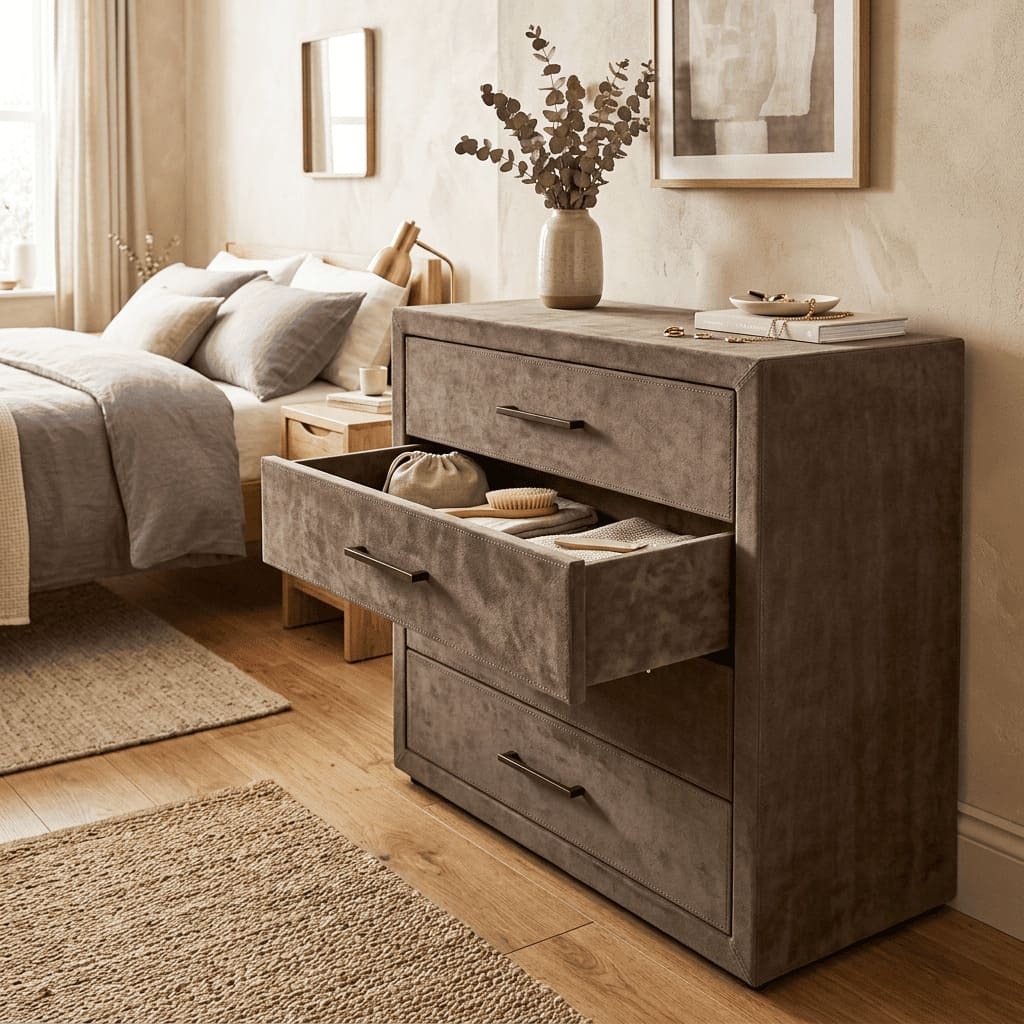 Dresser clad in suede leather with decorative stitching.