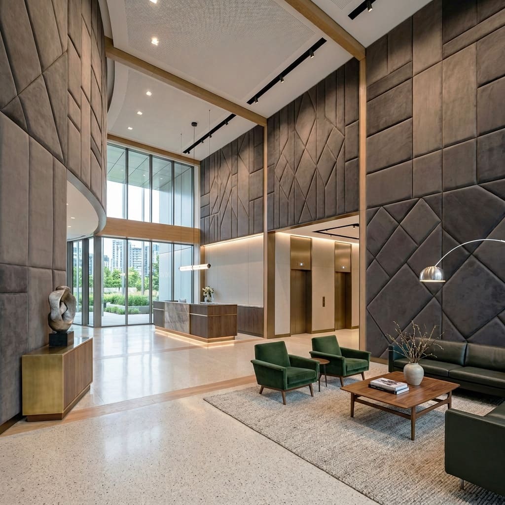 Suede leather acoustic panels in a company lobby.