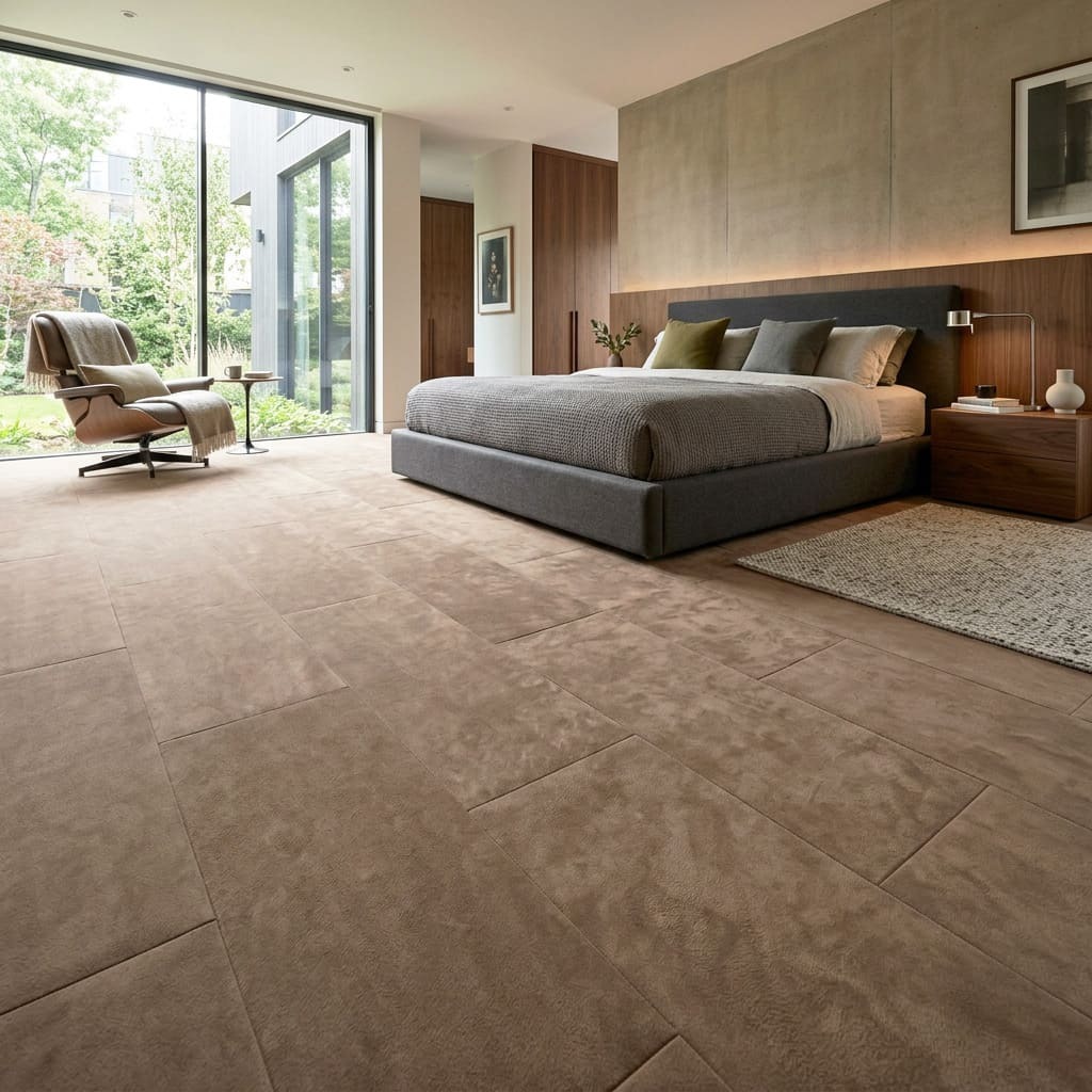 Taupe suede leather flooring in an elegant bedroom.