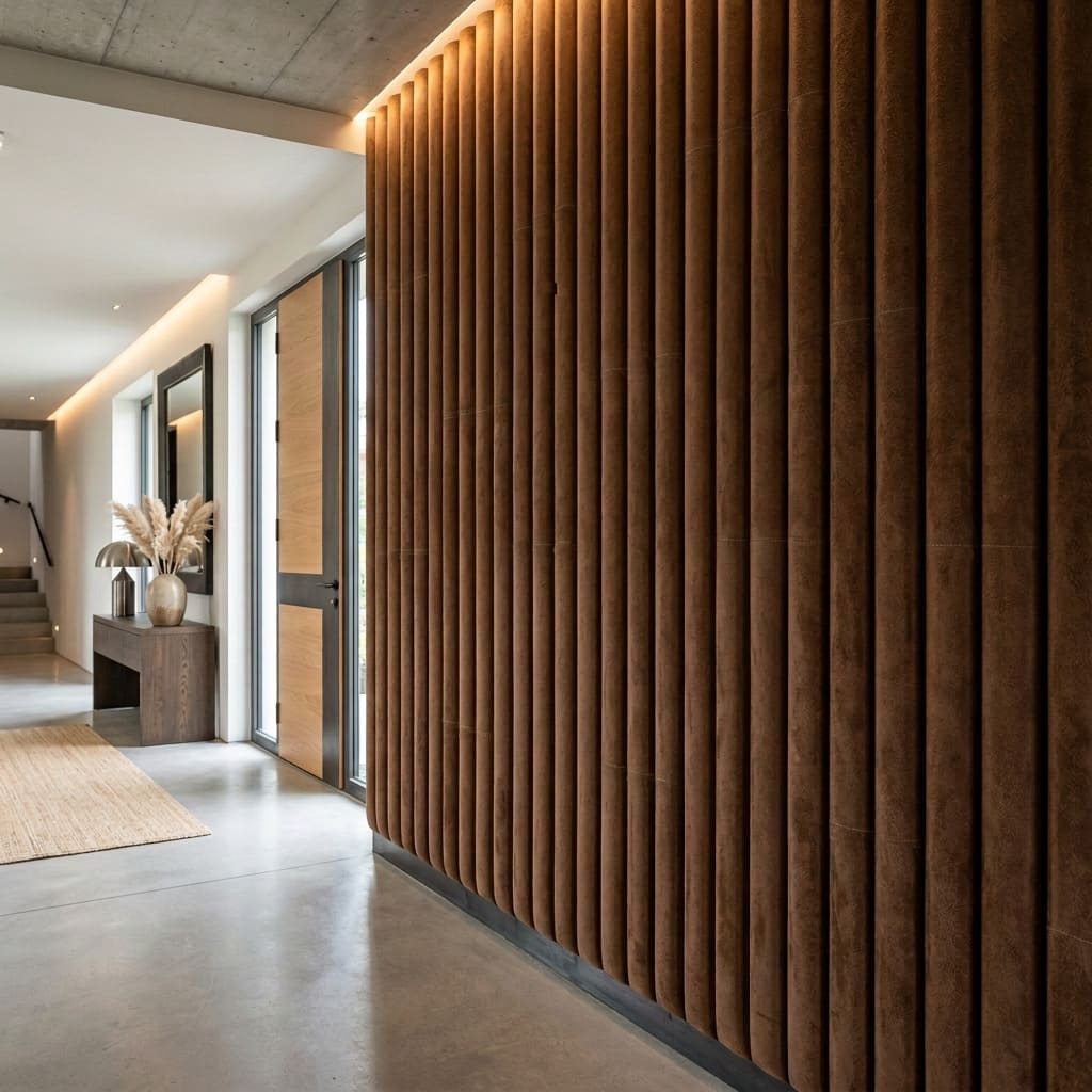 Acoustic wall panels in cognac suede leather in an entryway.