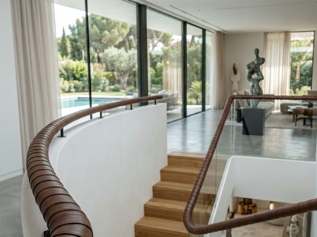 Stair handrail covered in brown leather.