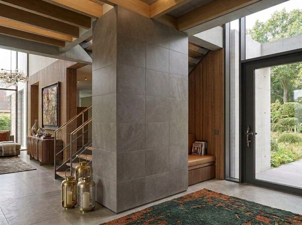 Concrete column clad in gray leather panels.