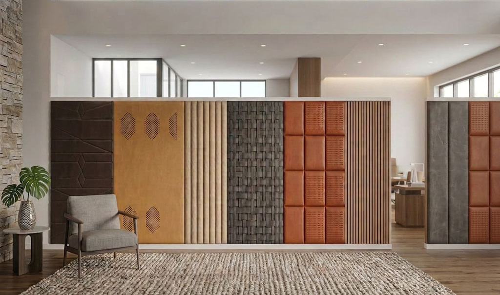 Detail view of acoustic leather wall panels in a showroom.