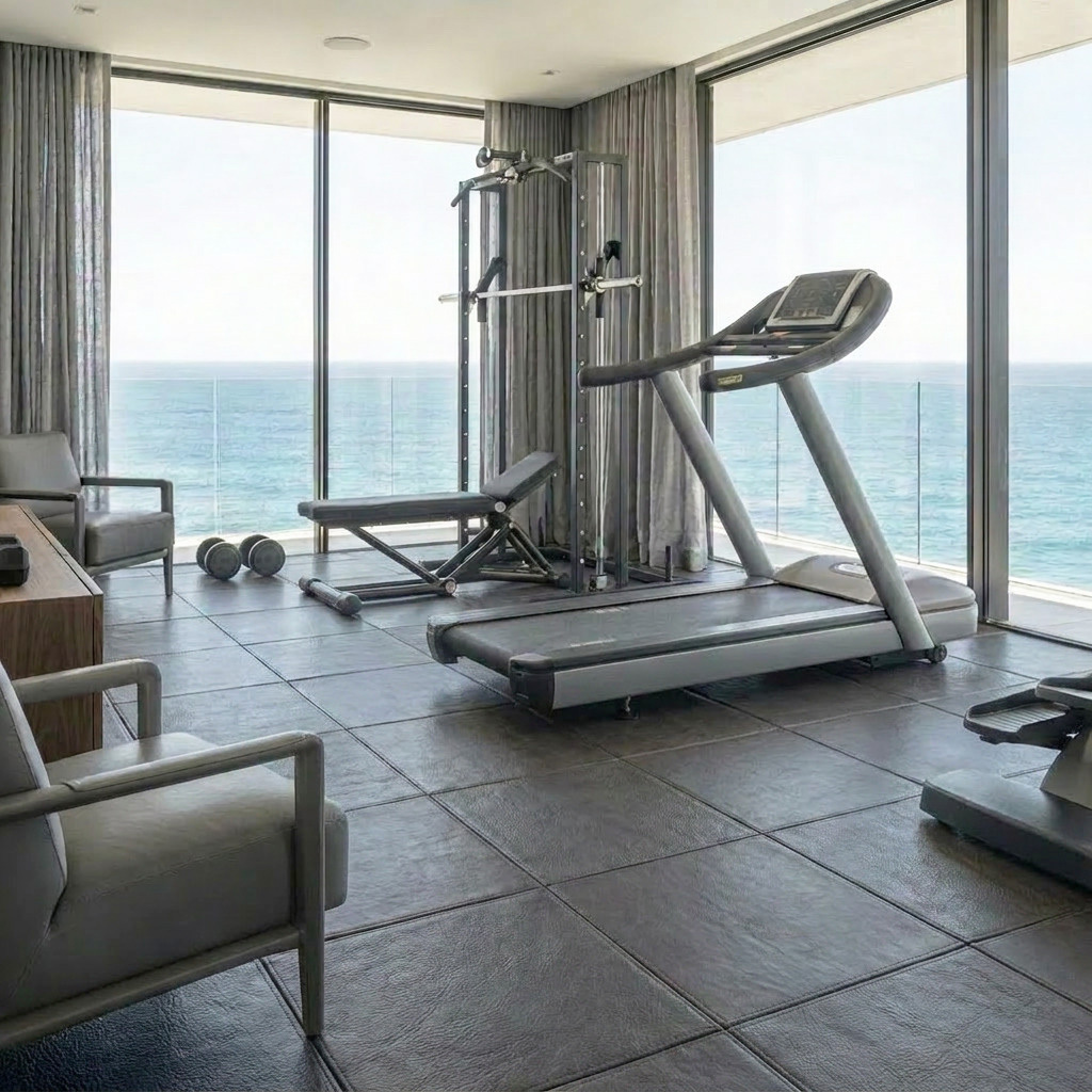 Custom-made soft leather flooring in a private villa overlooking the sea.