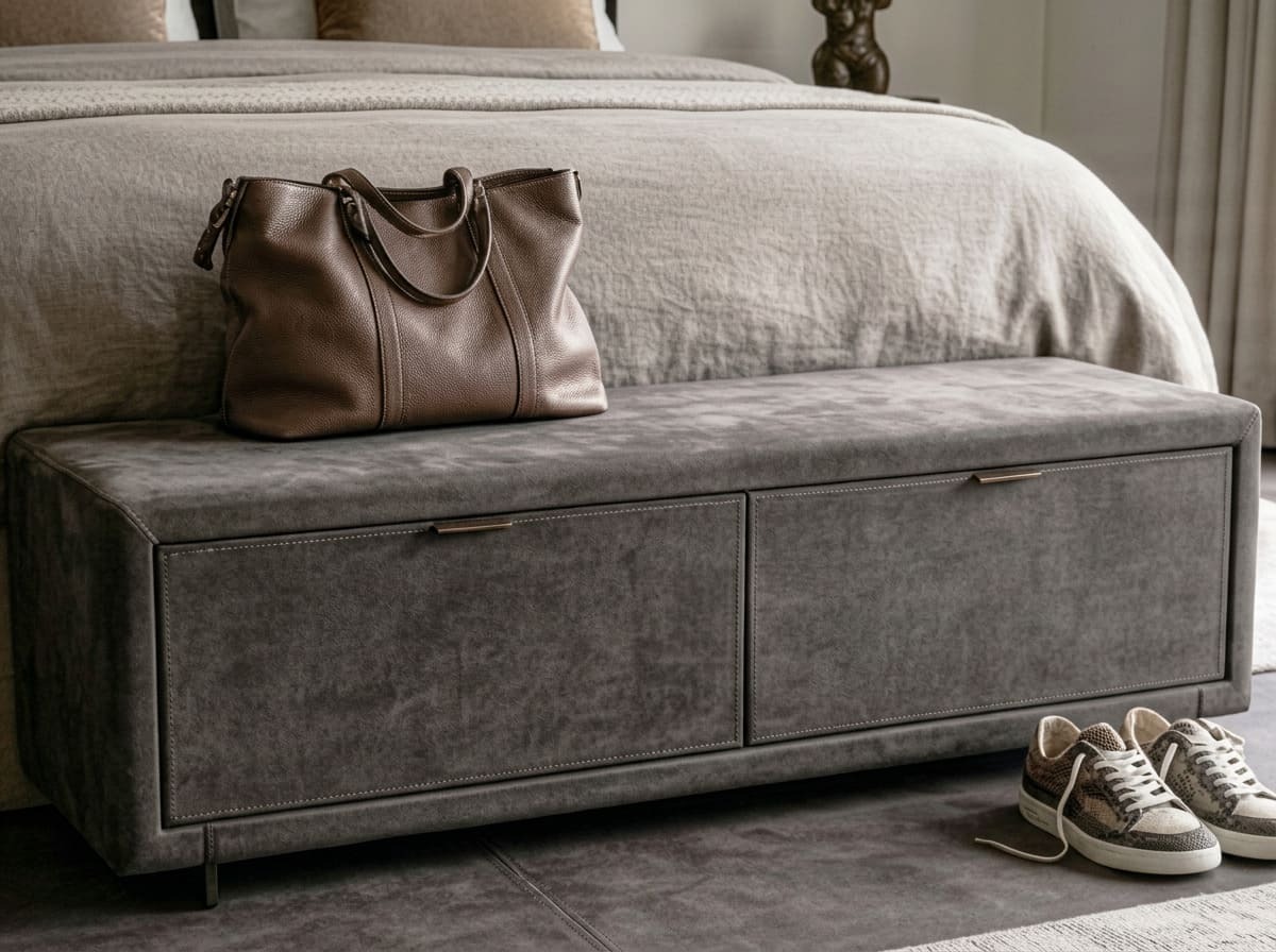 Lowboard paneled in gray suede leather positioned at the foot of a bed.