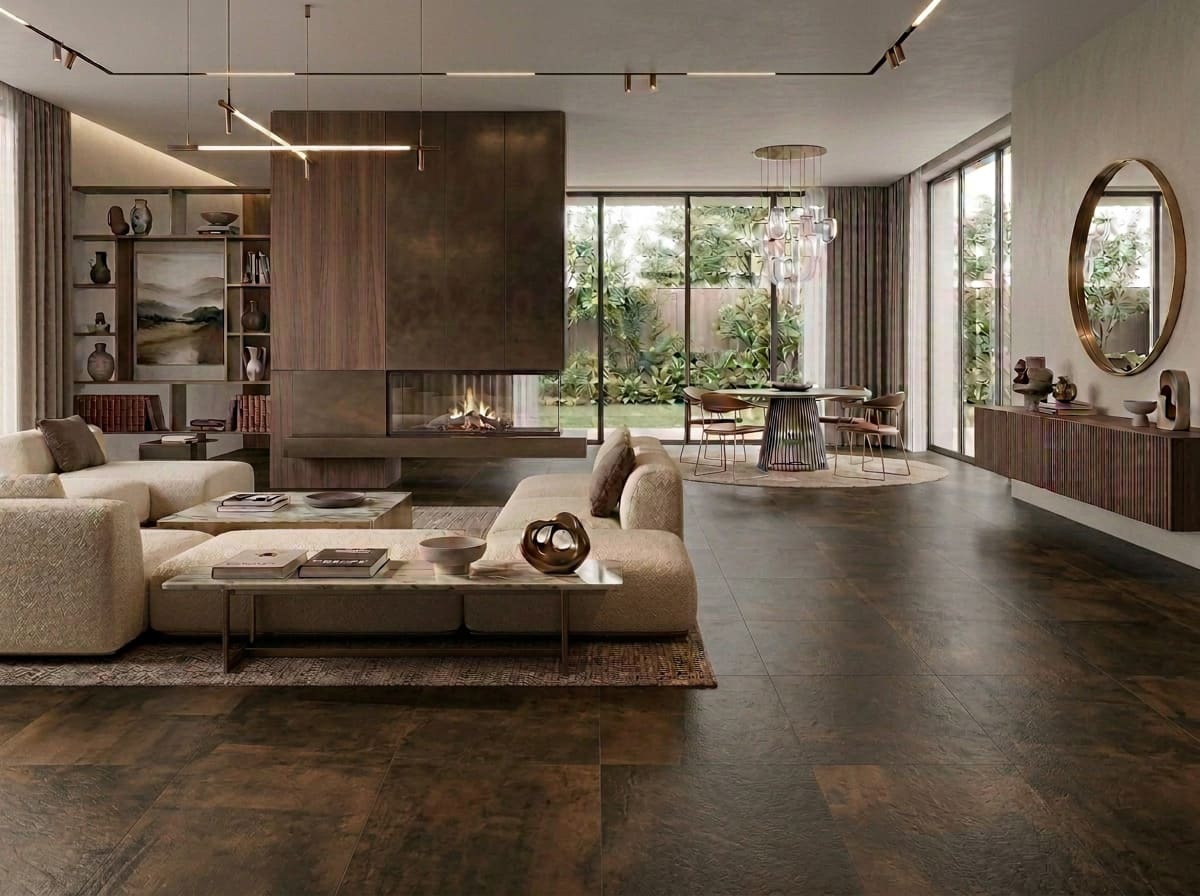 Living room with a fireplace and leather flooring in shaded brown, CONTINENTAL collection.