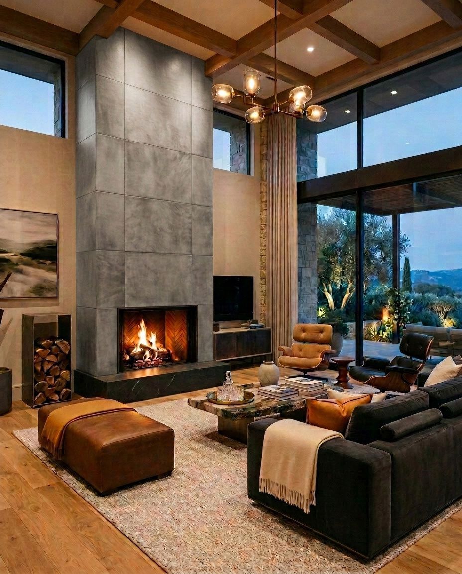 High-end, exclusive living room with a fireplace paneled in caiman-embossed leather.