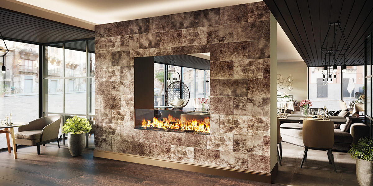 Fireplace cladding with leather from our BUFFALO collection